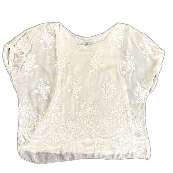 Angela Moda Ivory Sheer Lined Floral Embroidered Silk Blend SS Relaxed Top Sz S - Picture 10 of 15